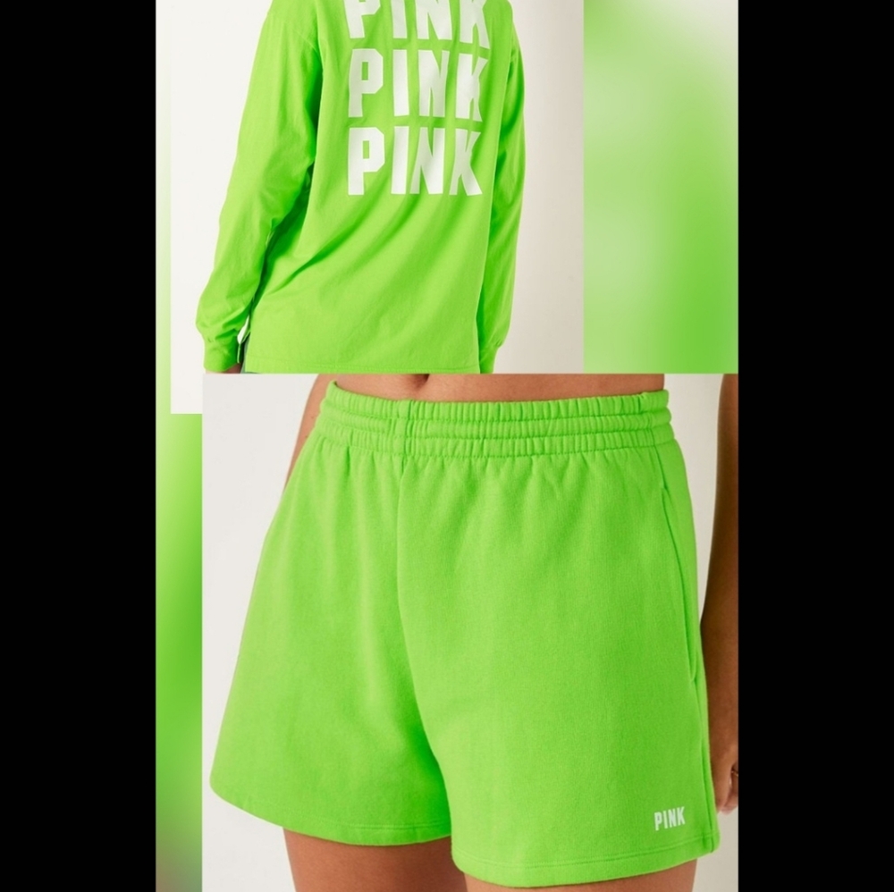 VS PINK outfit shorts CAMPUS TEE SHIRT LS LIME GREEN xl set
